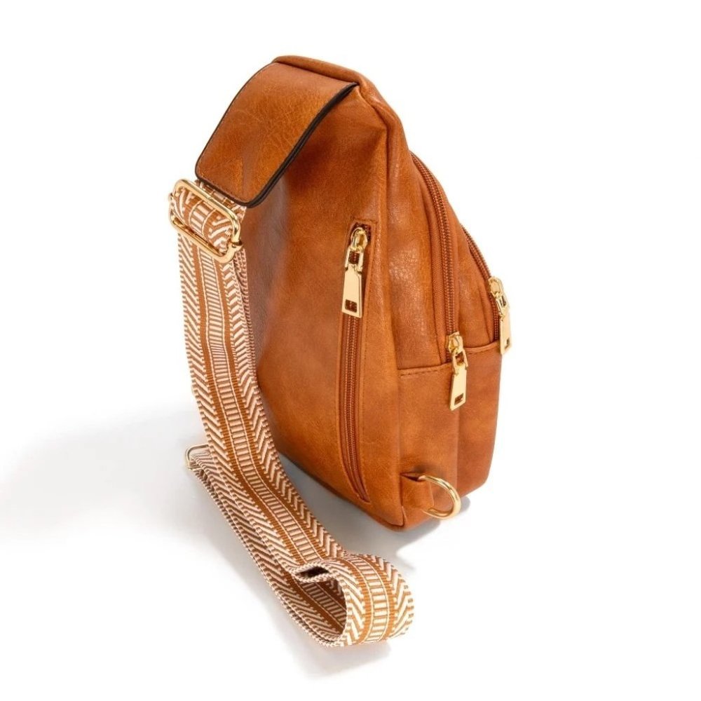 Brown Vegan Faux Leather Guitar Strap Crossbody Sling Bag - Picture 2 of 8